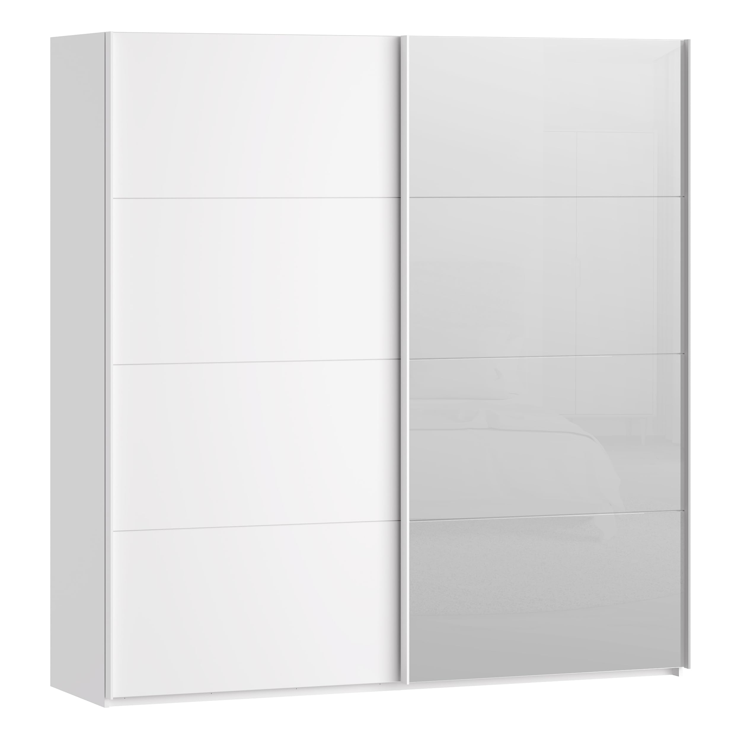 Forte SOPHISTISPACE Kleiderschrank 200, moderner Schwebetürenschrank, 2-türig, Einlegeböden, Kleiderstangen, Spiegel, Holzwerkstoff, Weiß, 200,1 cm breit x 210,5 cm hoch x 62,9 cm tief
