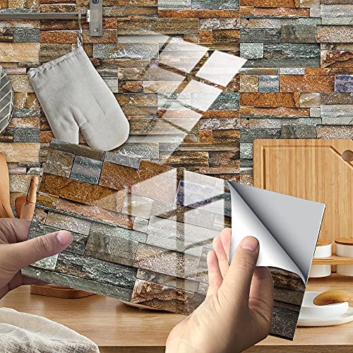Stick on Tiles Brown Marble Tile Stickers PVC Self Adhesive Wall Tiles Heat Resistant Tile Stickers for Kitchen Bathroom Waterproof Peel and Stick Floor Tiles Tile Paint 12 pcs
