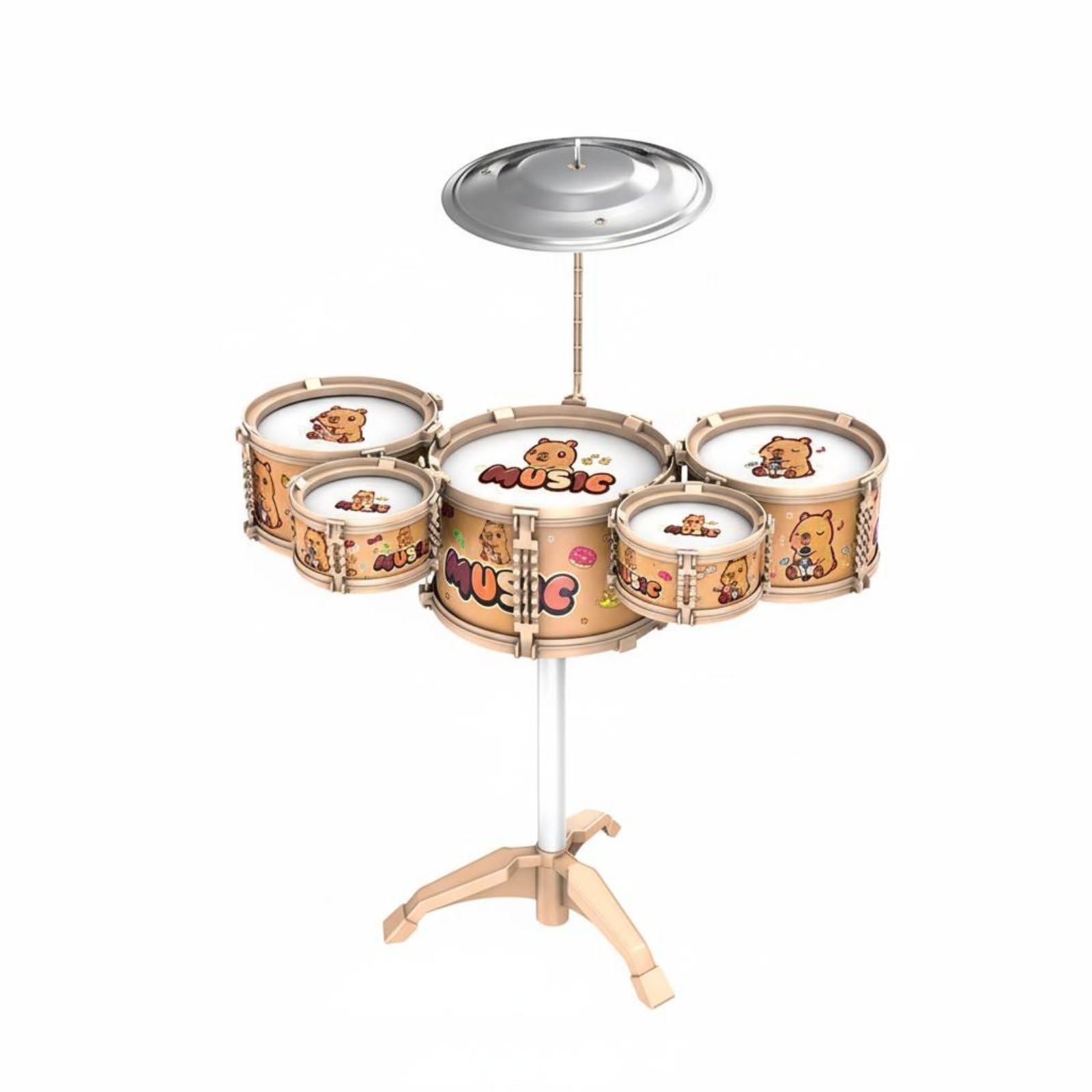 Colcolo Batería Infantil de Juguete Set de Percusión Kit Musical Tambor para Niños con Superficie Inclinada 30 Grados y Platillo , Batería De Juguete con Diseño De Capibara