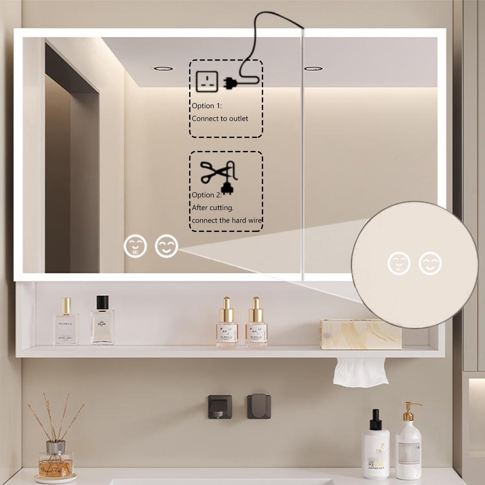 Armario espejo baño con luz,armario baño con espejo y luz led,LED espejo con almacenaje de maquillaje,armario baÃo con Interruptor Táctil,visualización de la hora(Beige,W70*H70cm/W27.5*H27.5in)