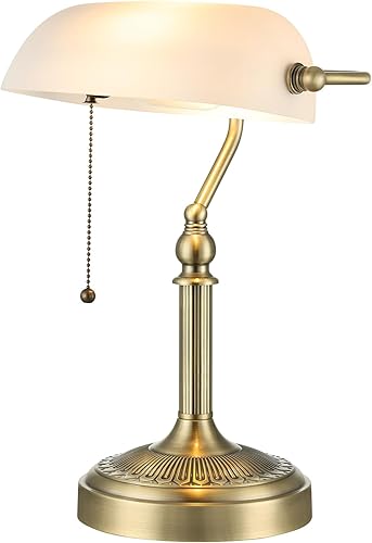 Newrays Lámpara de escritorio tradicional de banqueros de vidrio con interruptor de cadena de tracción Enchufe en accesorio