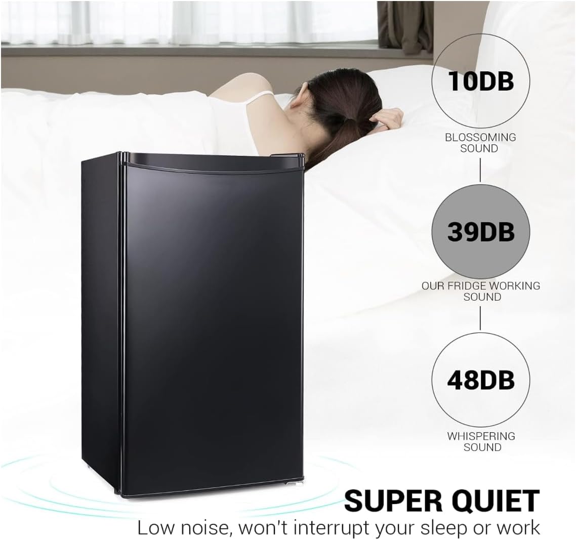 DSF Mini Fridge with Freezer 3.2 cu.ft Super Quiet(Holds 120 cans), Reversible Door and Thermostat Adjustable for Dorm, Playroom, Apartment, Black (MPBFR321)