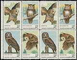 AMERICAN OWLS ~ BIRDS OF PREY ~ GREAT GREY OWL, SAW-WHET OWL, BARRED OWL, GREAT HORNED OWL #1763a Block of 8 x 15 US Postage Stamps