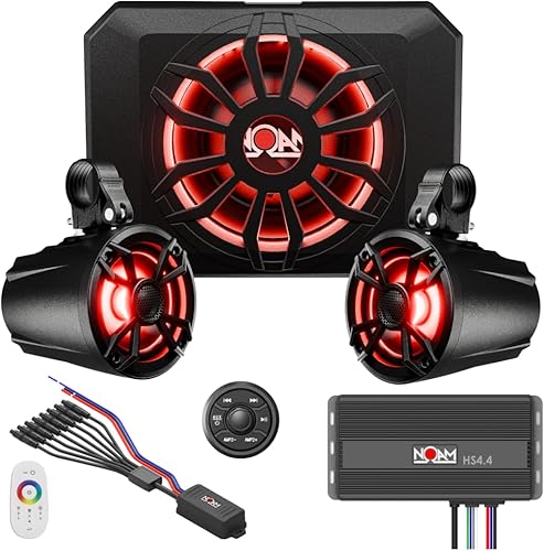 NOAM NUTV5-S V.2 - Kit de sistema estéreo marino ATV/carrito de golf/UTV - con 2 altavoces de torre de luz LED impermeables, subwoofer, controlador