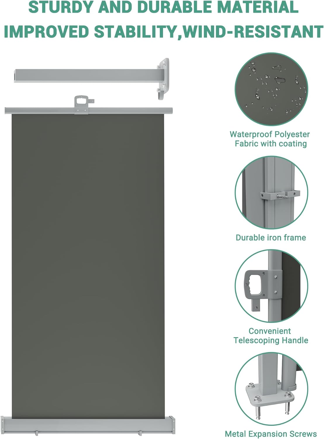 GarveeLife 71"x138" Retractable Side Awning, Double Side Awning with 280g/m² Polyester Fabric, Rainproof and UV-Proof Folding Privacy Screen Privacy Fence, for Deck, Patio, Pools, Grey