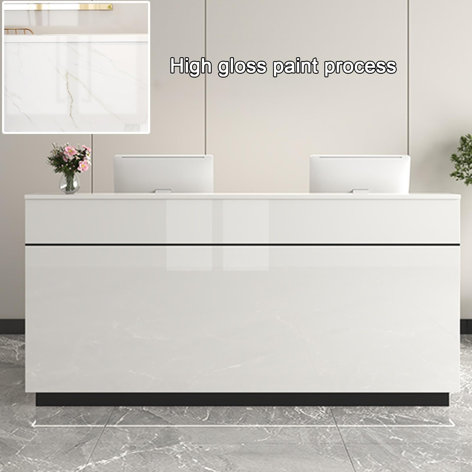 Generico Banco Reception Moderno a LED, 60x45 cm, Elegante Mobile per Ufficio Bianco e Nero, Frontale Illuminato, Gestione Cavi, cassetti con Serratura, Design contempor