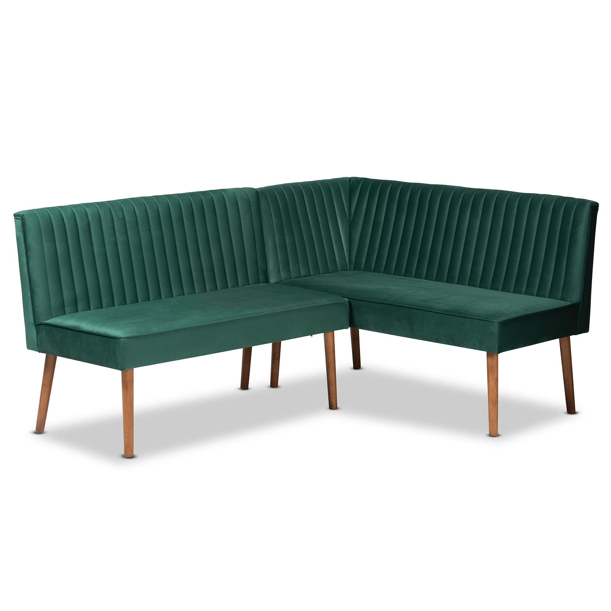Baxton Studio Alvis Mid-Century Modern Emerald Green Velvet Upholstered and Walnut Brown Finished Wood 2-Piece Dining Nook Banquette Set