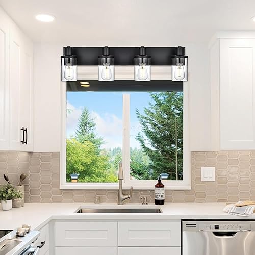 Miniatura 7 de VINLUZ Lámpara de tocador de baño de 4 luces, color negro mate, moderna iluminación de pared con pantalla de vidrio transparente sobre espejo,