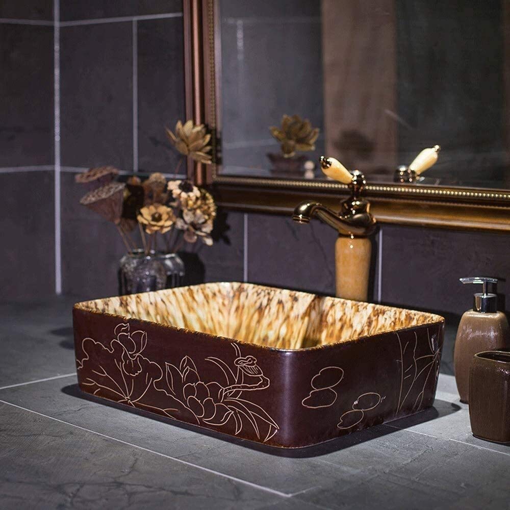 Szafka Pod Umywalkę Z Umywalką, Umywalka Łazienkowa, Umywalka Nablatowa, Prostokątna Porcelanowa Umywalka Ceramiczna W Stylu Vintage, Umywalki Łazienkowe Nablatowe, Brązowa Umywalka Łazienkowa, Umywa