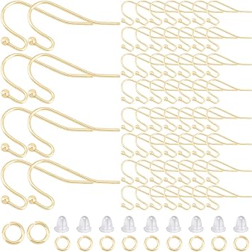 1 Box 100Pcs Gold Earring Wires Stainless Steel Earring Findings Bulk French Fish Hook with Jump Rings Ear Nuts Dangle Ball Dot Earring Hooks for Jewelry Making Supplies DIY Craft Beginner