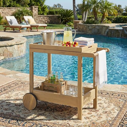Christopher Knight Home Sara Acacia Wood Outdoor Bar Cart with Wheels Rolling Kitchen Cart with Tray Rolling Serving Cart for Patio Deck & Backyard Natural Wood