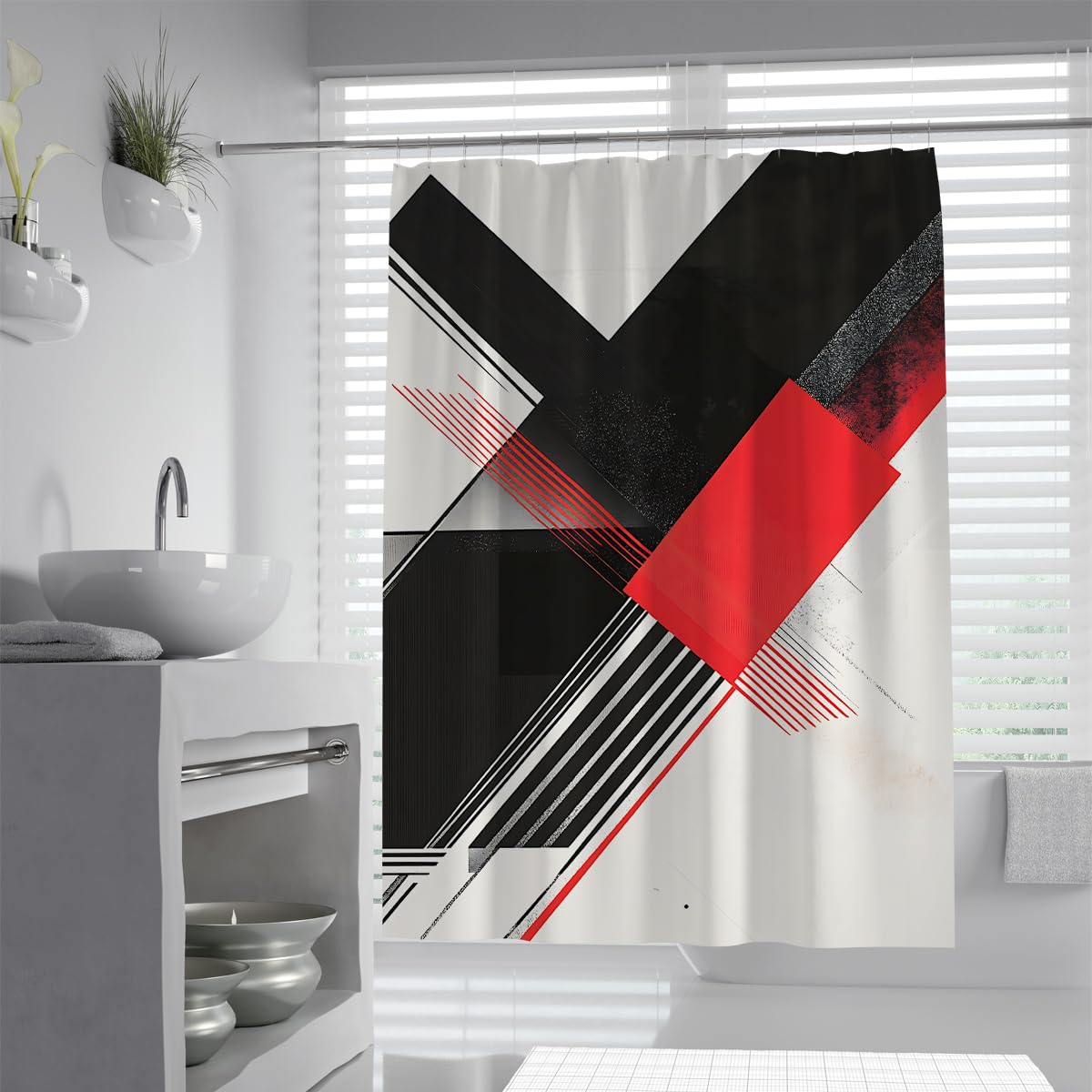 UIRINGART Minimalist Constructivist Cross Lines Shower Curtain W200xL200cm Boho Abstract Geometric Bold Blocks Pattern Mildew Resistant Easy Clean Wet Room Bath Screen With Hook