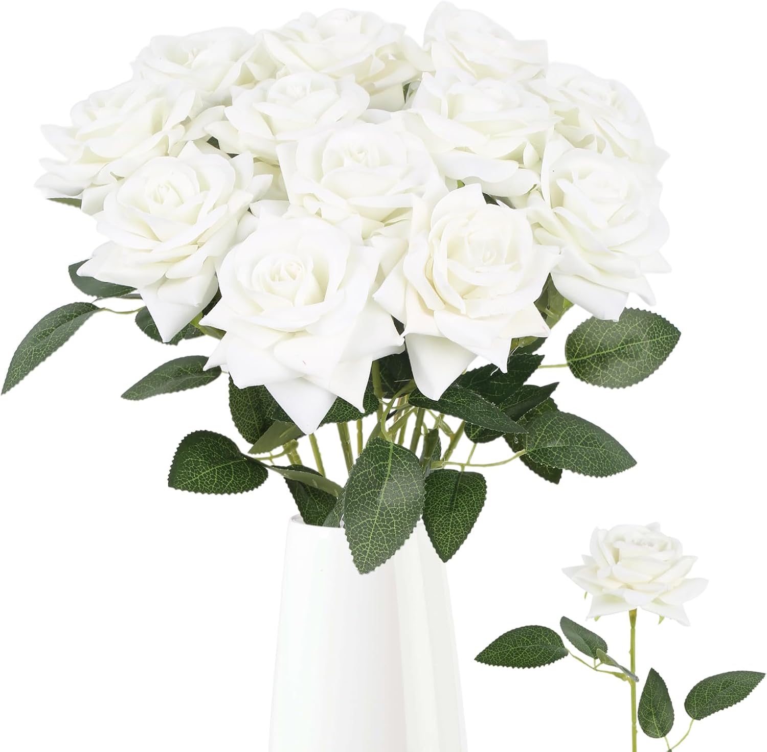 12Pcs Velvet Roses Artificial Flowers Silk White Roses Faux Roses with Stems Fake Rose Bouquet for DIY Wedding Home Party Table Centerpiece Valentines Day Decoration(White)