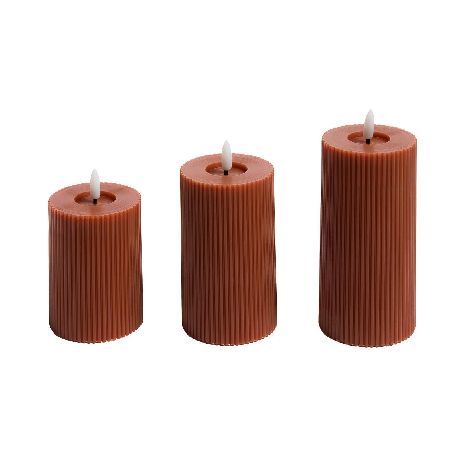 OHS Ribbed Battery Candles Flickering, 3 Pack Realistic LED Candle Warm Flickering Electric Pillar Flameless Candles Battery Tea Lights Home Decor Wedding Event Decor Authentic Mood Lighting, Rust
