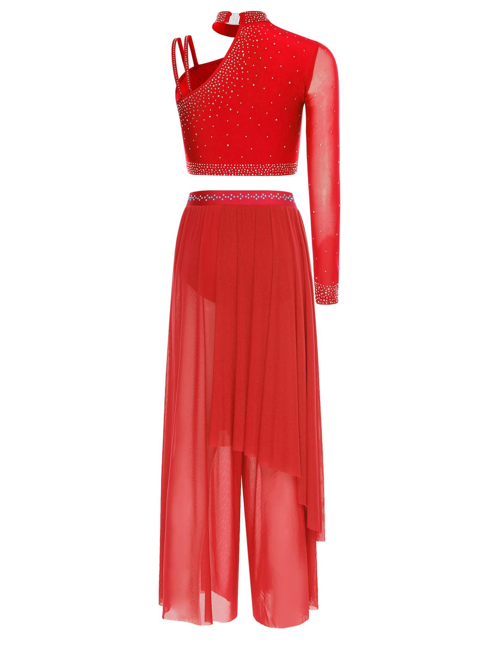 Traje Lírico Dos Piezas Mujer Atuendo Baile Ballet Top Recortado Con Encaje Hombro Asimétrico Y Pantalón Rojo M