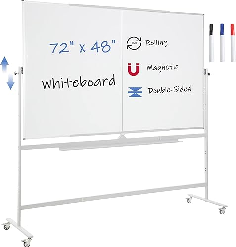 Pizarra blanca móvil magnética grande de 72 x 48 pulgadas, soporte rodante de doble cara sobre ruedas, pizarra blanca reversible ajustable de