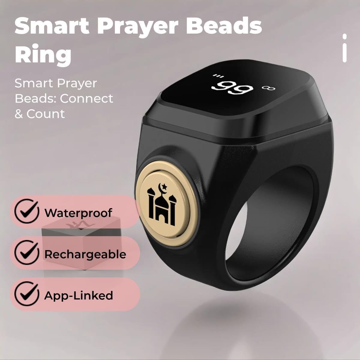 Smart Tasbih Counter,18mm(8) Muslim Digital Azan Alarm Clock Zikr Ring,APP Support Digital Counter Prayer Reminder Rings, Waterproof 4 Digit Finger Counter for Muslims