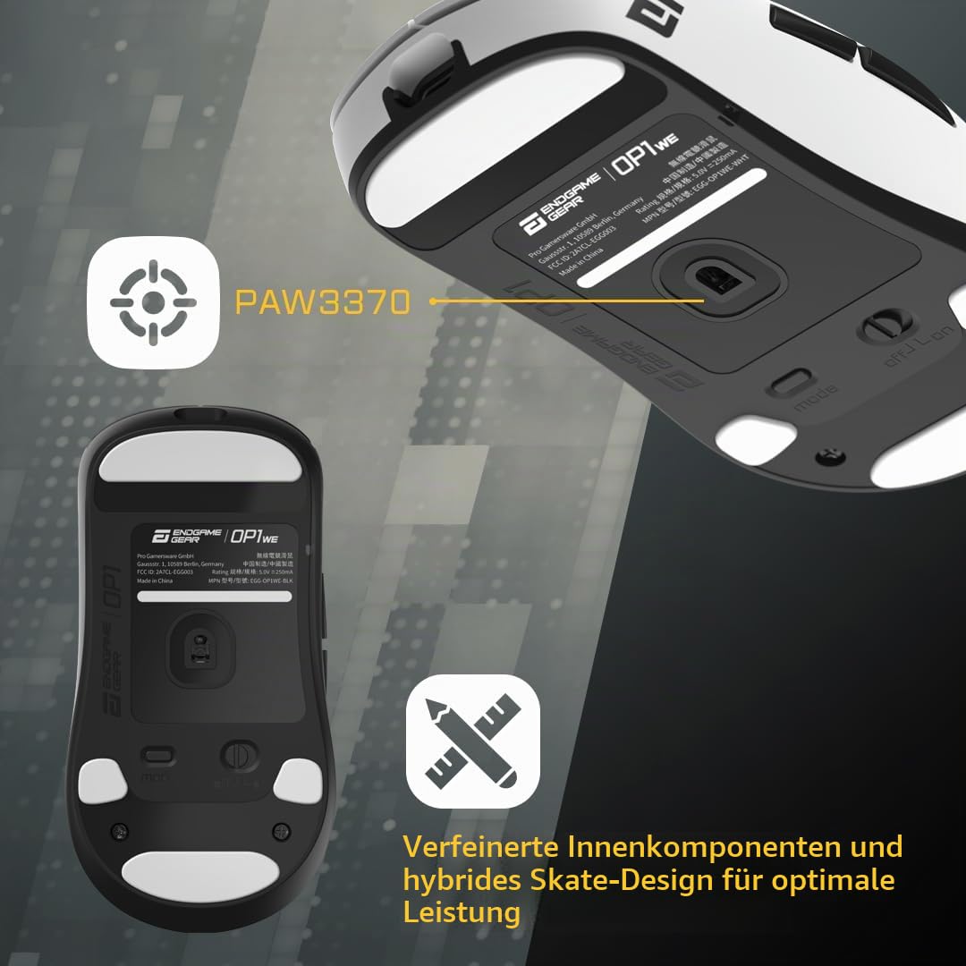 ENDGAME GEAR OP1we Wireless Gaming-Maus, CompX CX52850 Mikrocontroller, Pixart PAW3370 Optischer Sensor, Mod-freundlich, Hybrid-Skate-Design, Claw-Grip, 58,5 g, Weiß