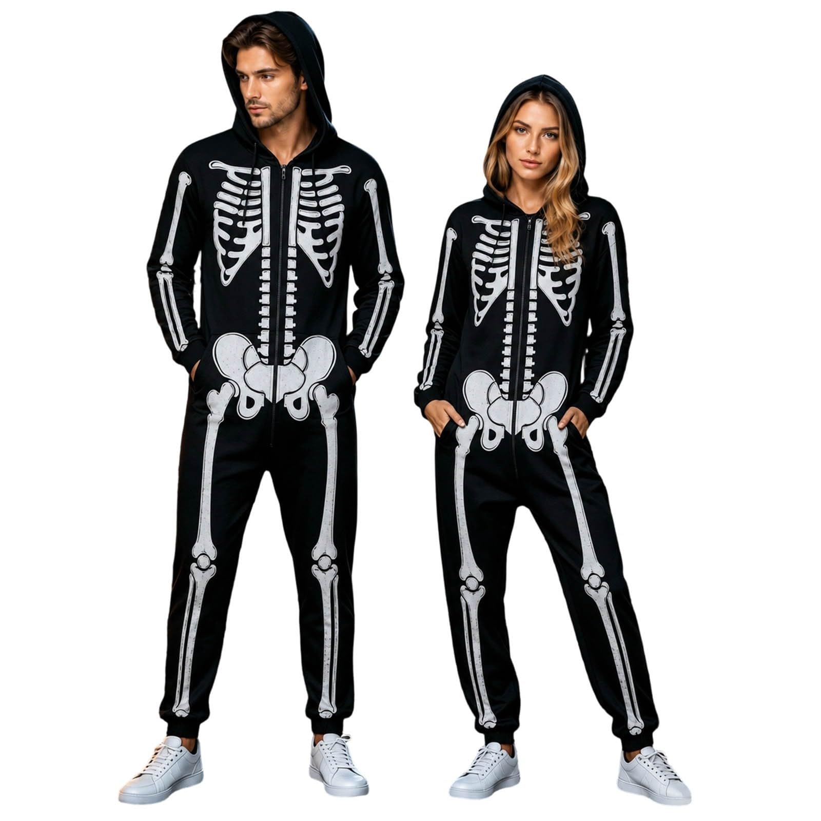 Skeleton Costume, Halloween Costumes Men Skeleton Onesie Adult Horror Skelettkostüme Zip-Up-Kapuze Hooded Jumpsuit Pyjama Nachtwäsche Homewear Fancy Dress Cosplay Kostüm