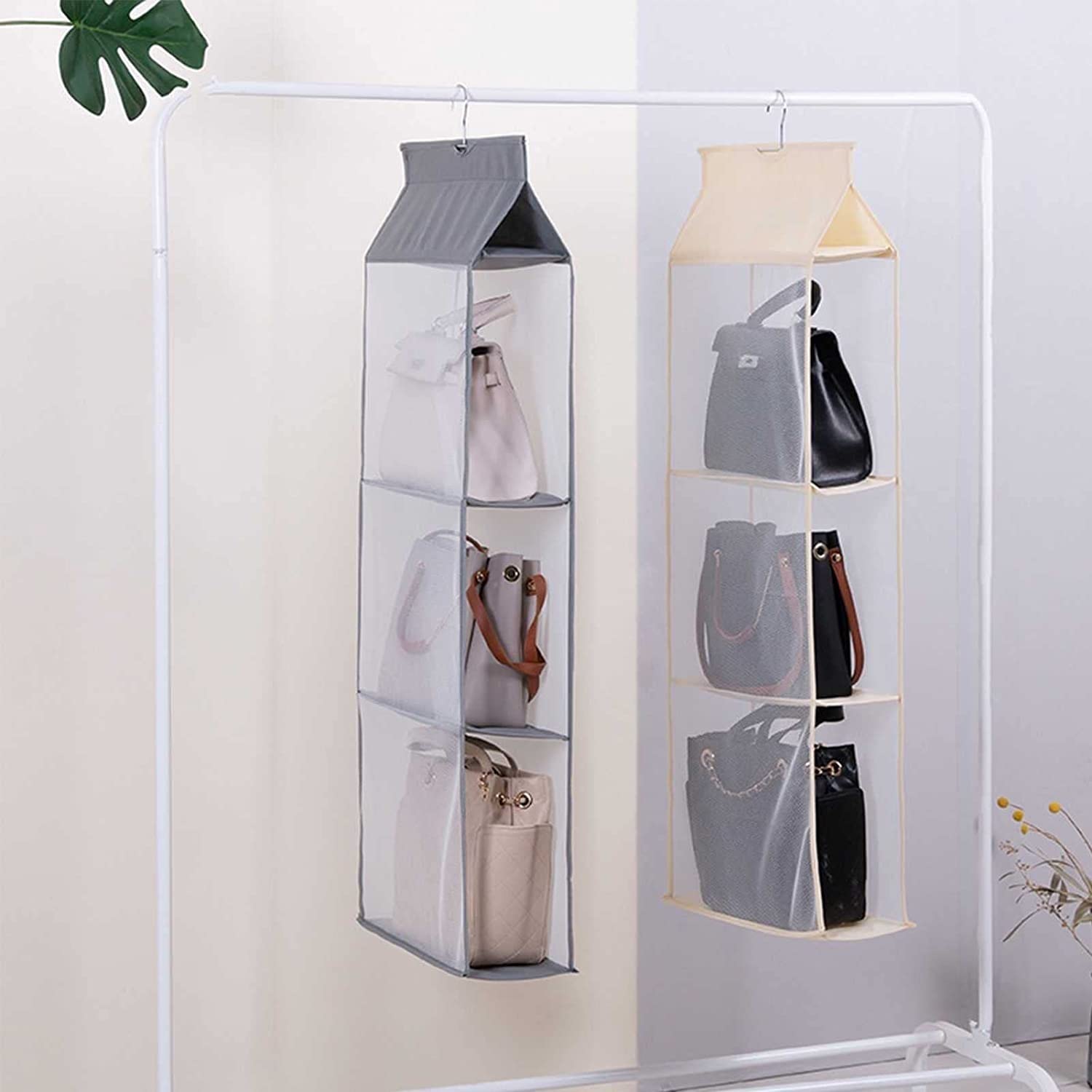 2 Piezas Organizador para Colgar Bolsos Colgador De Almacenamiento De Bolsos Organizador De Armario De Tela Oxford Ahorro De Espacio En El Armario (3 Rejillas Y 4 Rejillas)