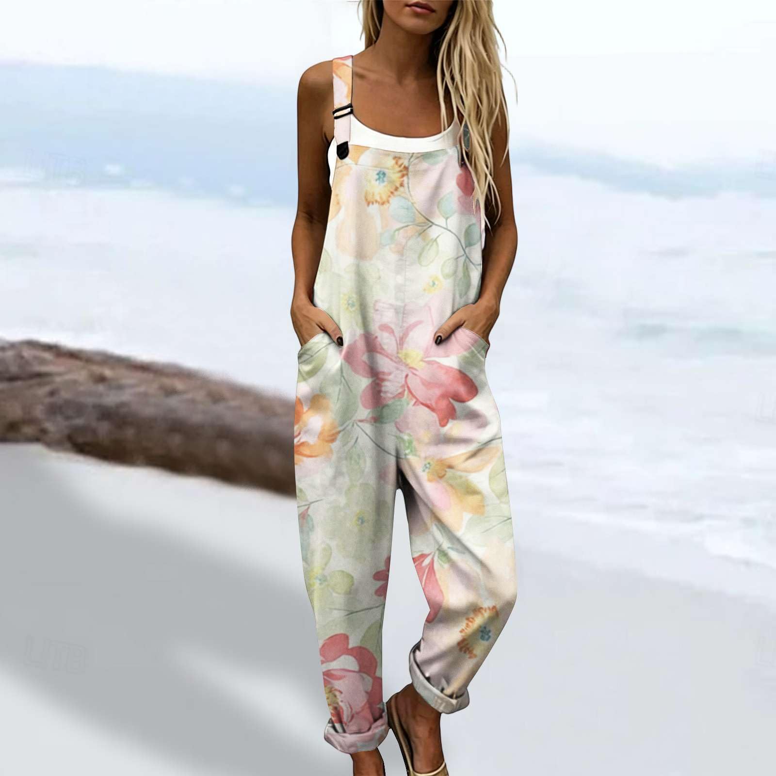 Salopette Donna Estiva in Cotone Lino - Tuta Intera Elegante Boho Chic Tuta Stampa Pantaloni Baggy Gamba Larga Ample Jumpsuit Curvy con Tasche Comoda per Mare e Vacanze Spiaggia
