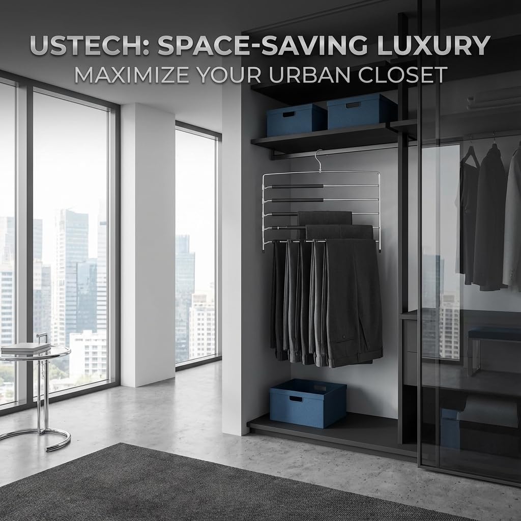 USTECH 8 Tier Swing Arm Pants Hanger | Space Saving Closet Organizer | Non-Slip Foam Padded Arms | Heavy Duty Alloy Steel | Multi Pants Rack for Jeans, Skirts, Trousers & Slacks | Chrome Finish