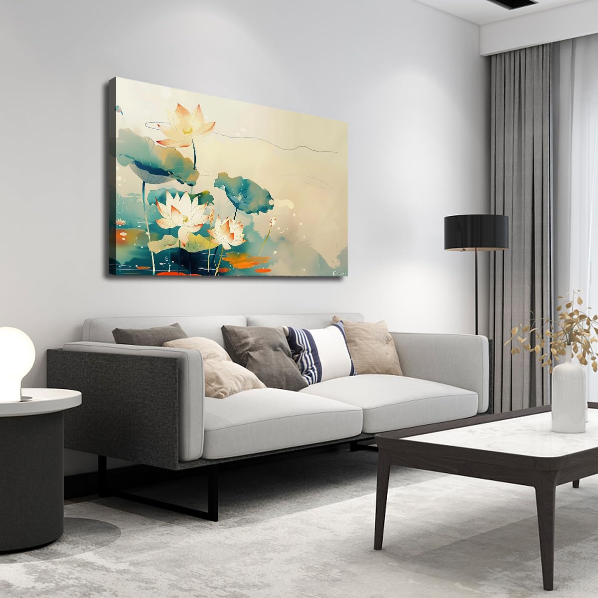 Oprawiony kwiat lotosu akwarela kwiaty obraz jako sztuka ścienna 60 x 90 cm