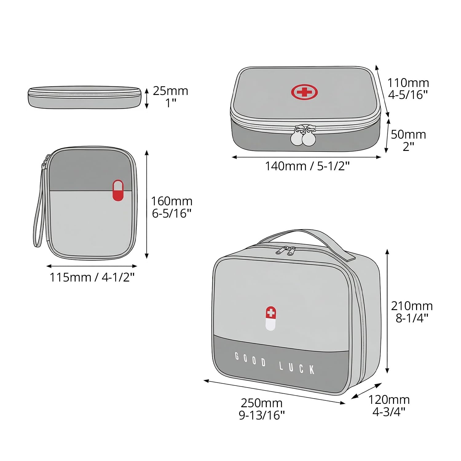QWORK® 3 Piezas Bolsas para Medicinas, Gris Organizador de Primeros Auxilios Impermeable Vacío de Tela Oxford, para Casa, Viajes y Coche