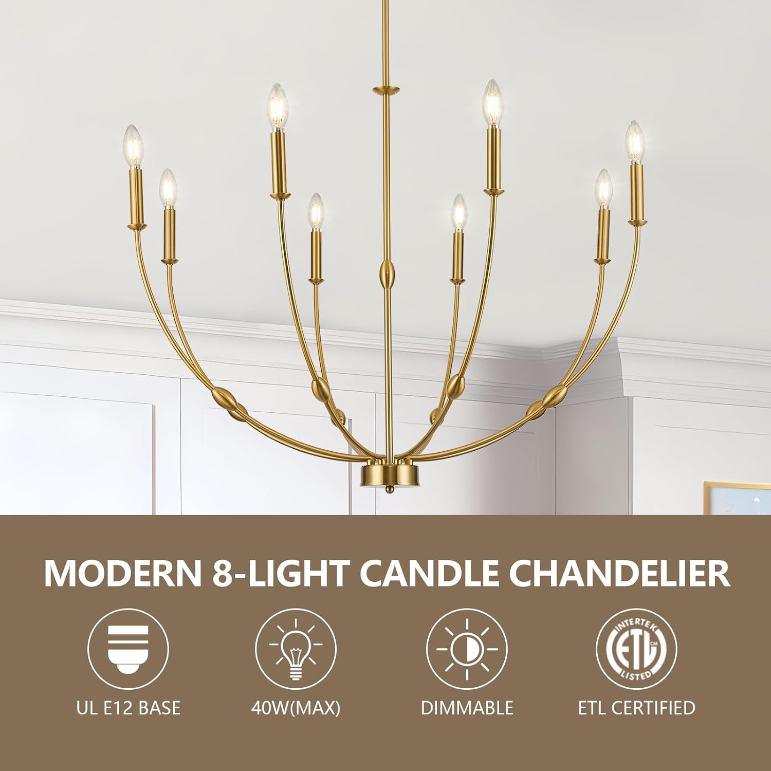 8-Light Candle Chandeliers, 35 Inch Brushed Gold Dining Room Light Fixture, Modern High Ceiling Chandeliers for Living Room, Entryway, Foyer