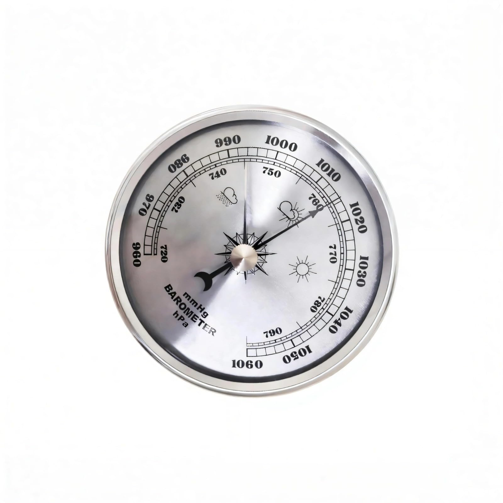 Kleines 90 mm silberfarbenes analoges Messgerät für Luftdruck/Temperatur/Messung mit Metallrand, Retro-Stil, analoge Barometer
