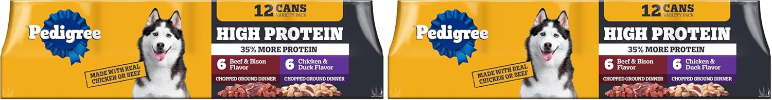 Pedigree High Protein Wet Dog Food,Adult Soft Canned Dog Food Variety Pack,Chicken Duck & Beef Bison Flavor,13.2 oz. Cans,12 Count (Pack of 2)