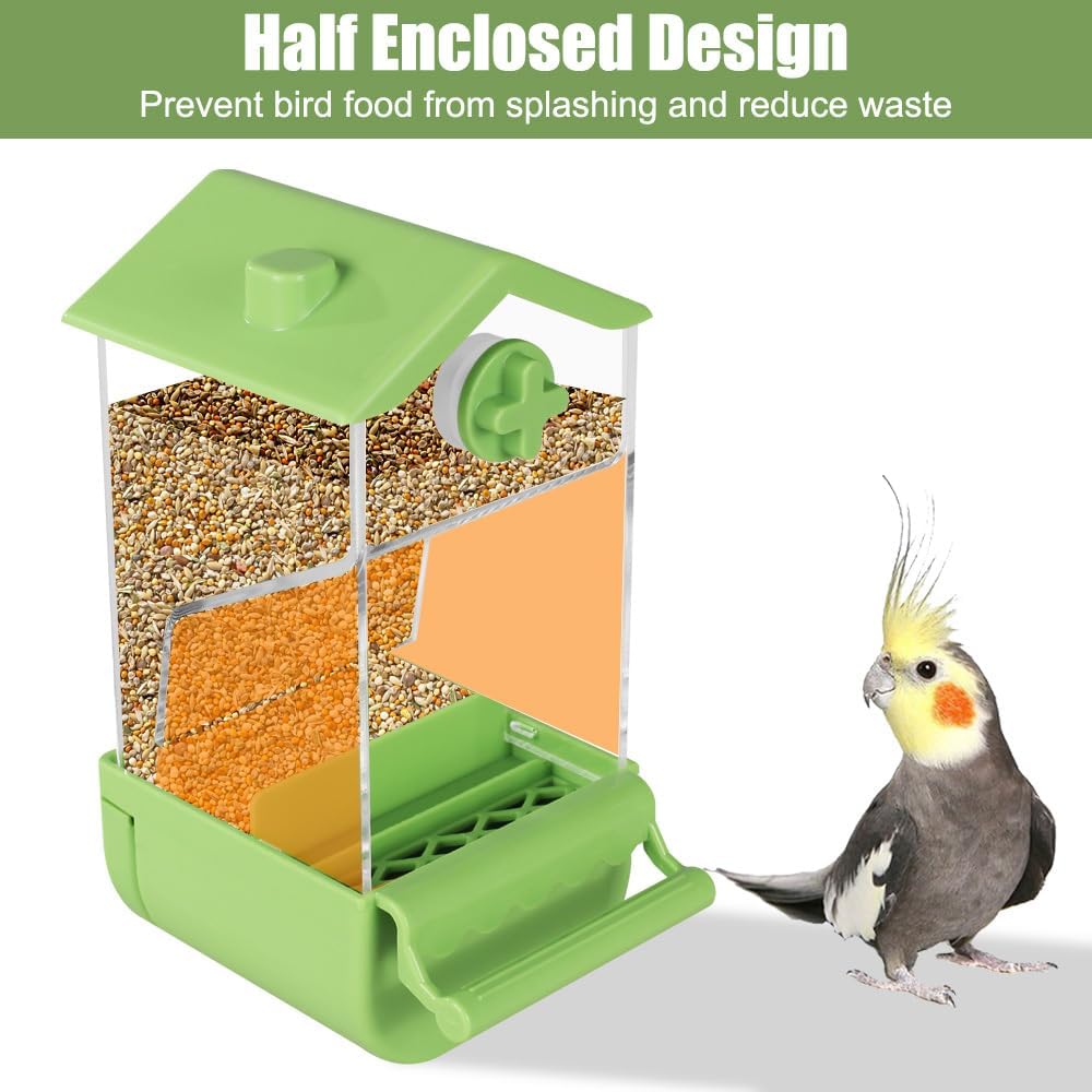 Automatic Bird Feeder with Perch, No Mess Transparent Parrot Food Dispenser for Small Medium Birds Parrots, Finches, Lovebirds, Canaries