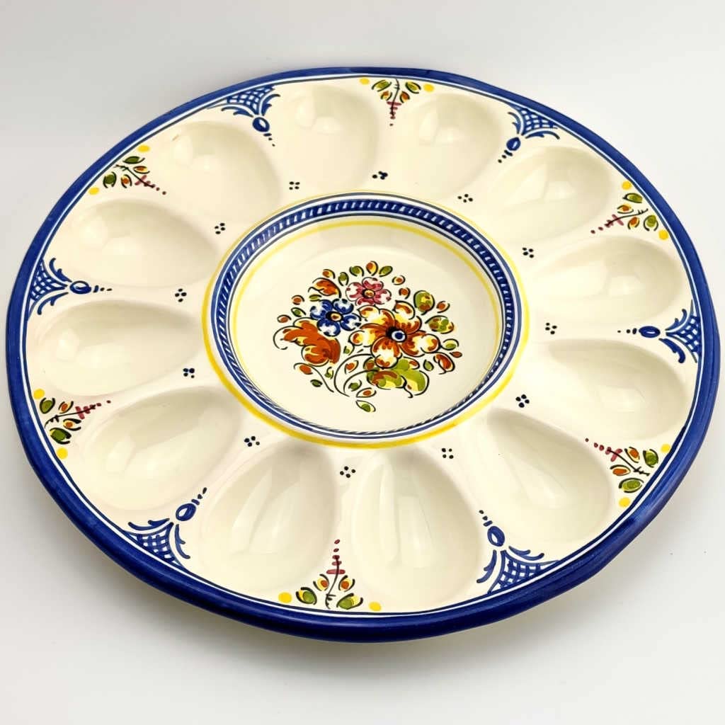 Gónfer - Huevera Plato de Huevos de Cerámica Artesanal Azul - Bandeja Fuente Huevos Rellenos - Fabricado y Pintado a Mano - Capacidad 12 (26,5 cm Ø)