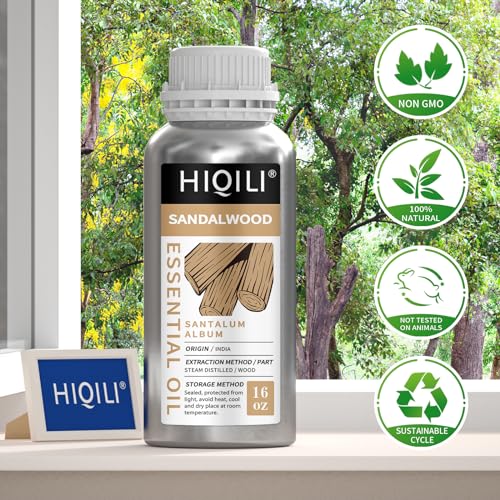 Image of HIQILI Sandalwood Essential Oils, Long-Lasting Scent for Perfume, Diffuser, Soap Making & Candle- 16 Fl Oz