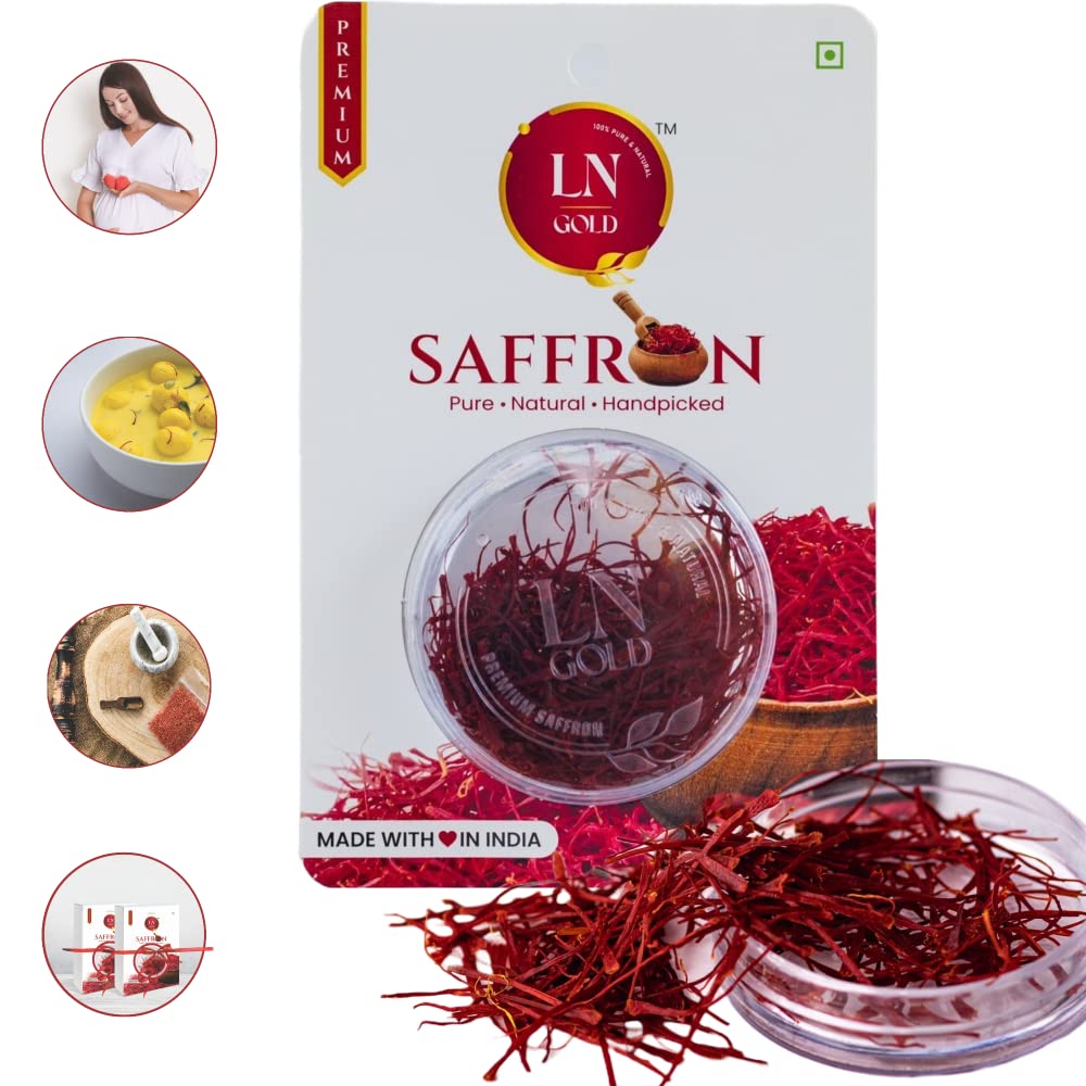 LN Gold Saffron 5 Gram Safron/Kesar/Zafran - Premium Kashmiri Mongra Saffron/Kesar - ISO and Grade A+++ Certified for Kashmiri Kumkuma Puvvu/Keshar Original Pregnant Women ,baby, Beauty, Biryani and