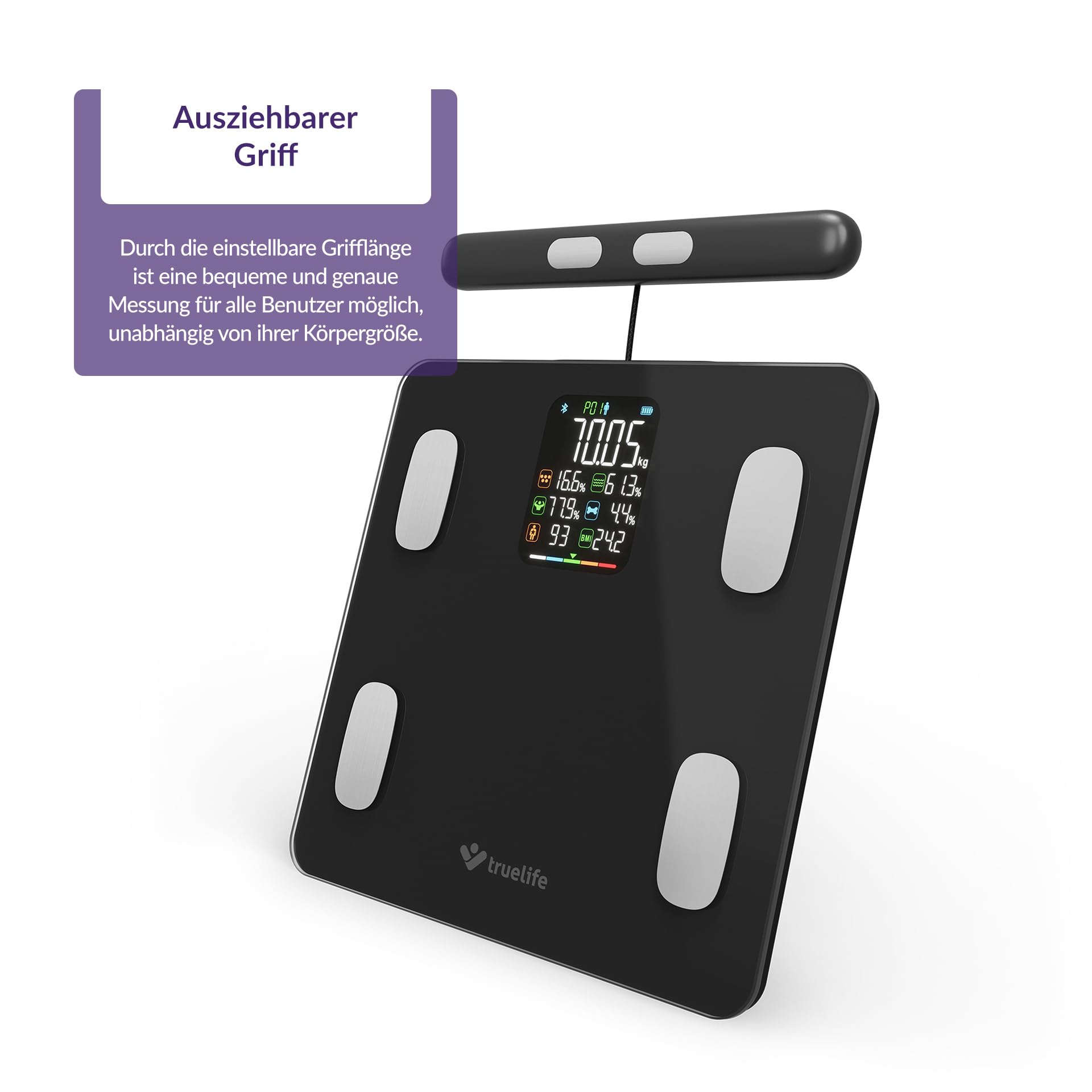 TrueLife FitScale W8 Black, Bilancia diagnostica personale Bluetooth, misurazione tramite analisi dell'impedenza bioelettrica, 15 indici del corpo misurabili, display LCD a colori, fino a 16 utenti
