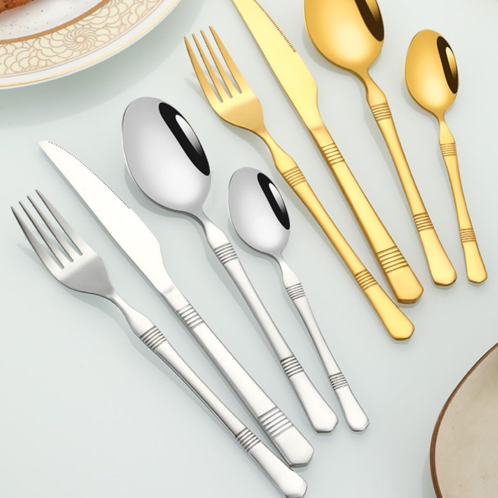 Besteckset aus Edelstahl, 20-teilig, bunt, mit horizontal gestreiftem Griff, Besteckset mit Steakmesser, Gabel, Löffel und Teelöffel für Küche und Esszimmer (schwarz)