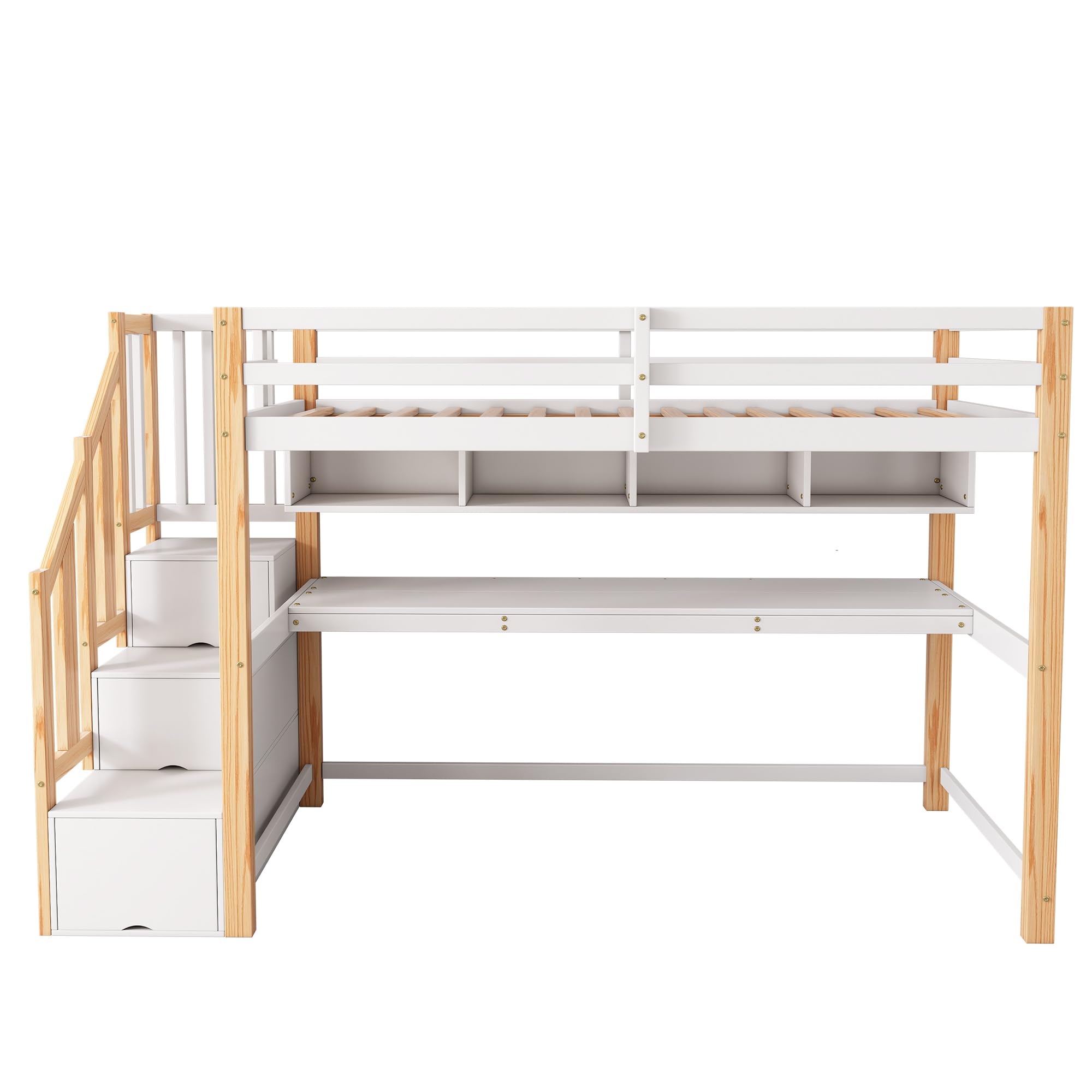 Merax Lit Mezzanine 90 x 200 cm, avec Grand Bureau et Escaliers de Rangement, Lit Enfant avec Étagères de Stockage, pour Garçon et Fille, Blanc et Bois (sans Matelas)
