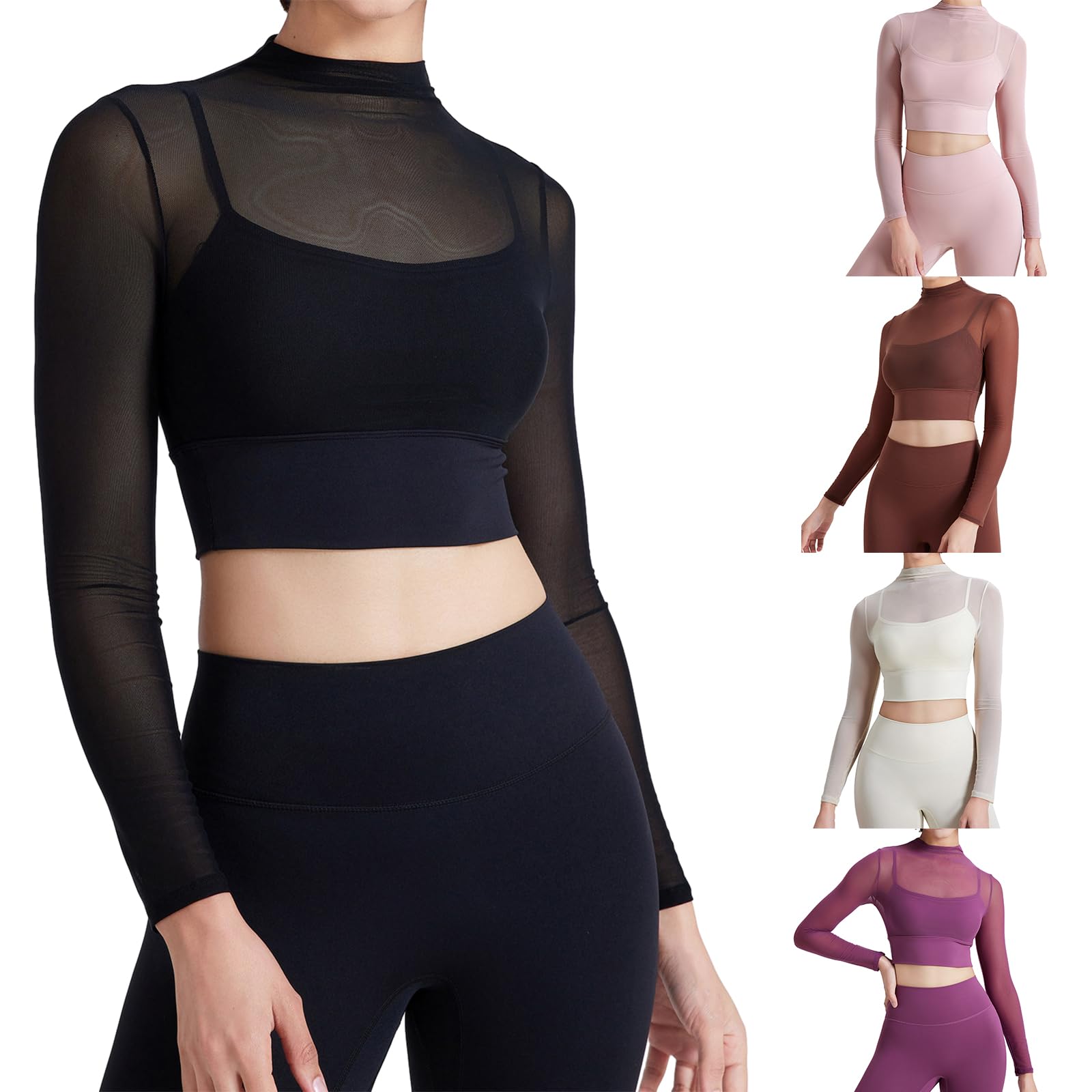 Top corto da donna a maniche lunghe, trasparente, doppia fodera, aderente, casual, per allenamento, palestra, yoga, camicetta