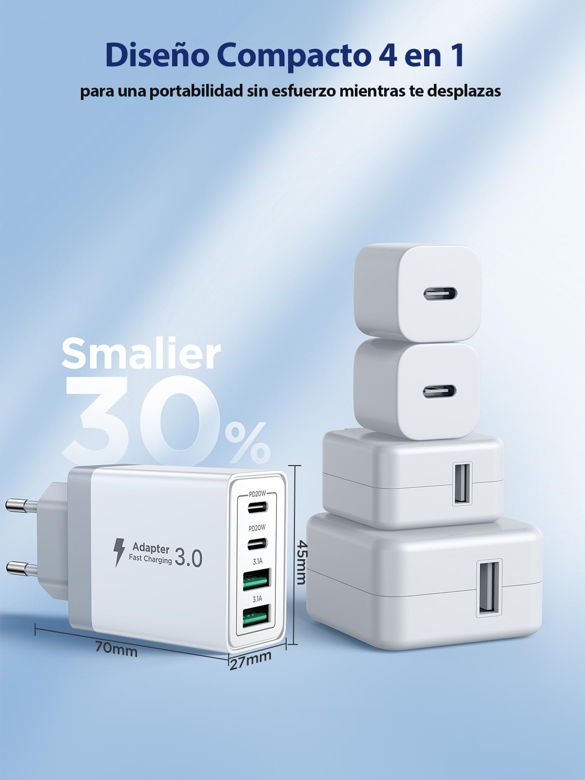 Aioneus Cargador USB C, 40W 4-Puertos USBC Enchufe Cargador iPhone Carga Rapida, Múltiple Cargadors QC+PD Rápido Pared Adaptador Tipo C para iPhone 17 16 15 14 13 12 11 Pro MAX XR XS 8 7,iPad,Samsung — view 5