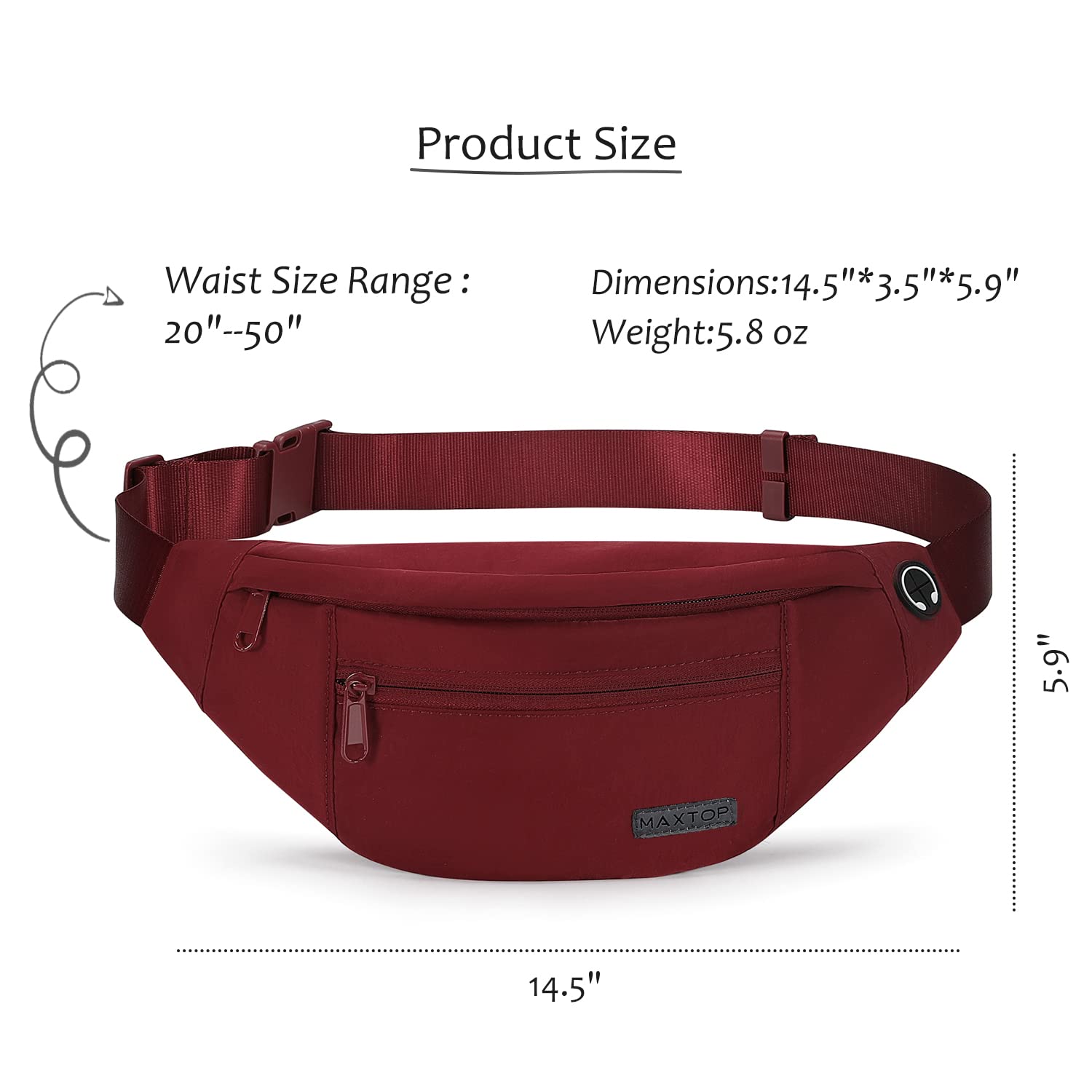 MAXTOP Marsupio grande per donna e uomo, marsupio con attacco per cuffie e 4 tasche con zip, cintura regolabile per ciclismo, corsa, jogging, viaggio, outdoor, allenamento