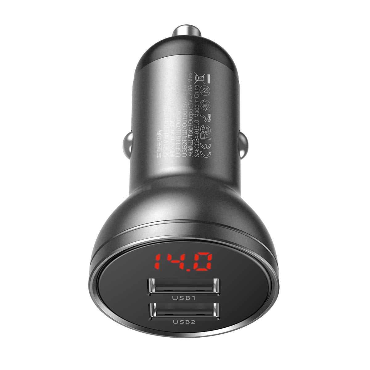 Baseus 24W Dual USB Car Charger – Digital Voltage Display, 4.8A Fast Charging Adapter for Phones & Tablets – Grey-image-49