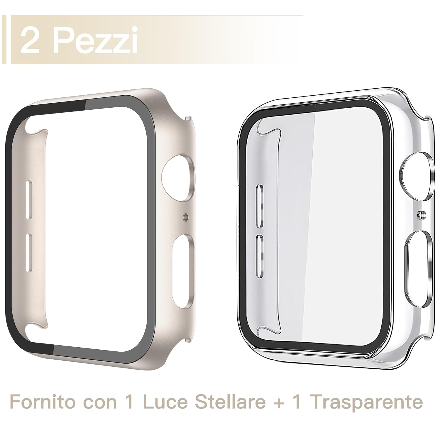 Misxi 2 Pezzi PC Cover Protezione in Vetro Temperato Compatibile con Apple Watch SE3/SE2/SE/Serie 6/Serie 5/Serie 4 44mm, Custodia Resistente Graffi Leggero per iWatch, 1 Luce Stellare + 1 Trasparente