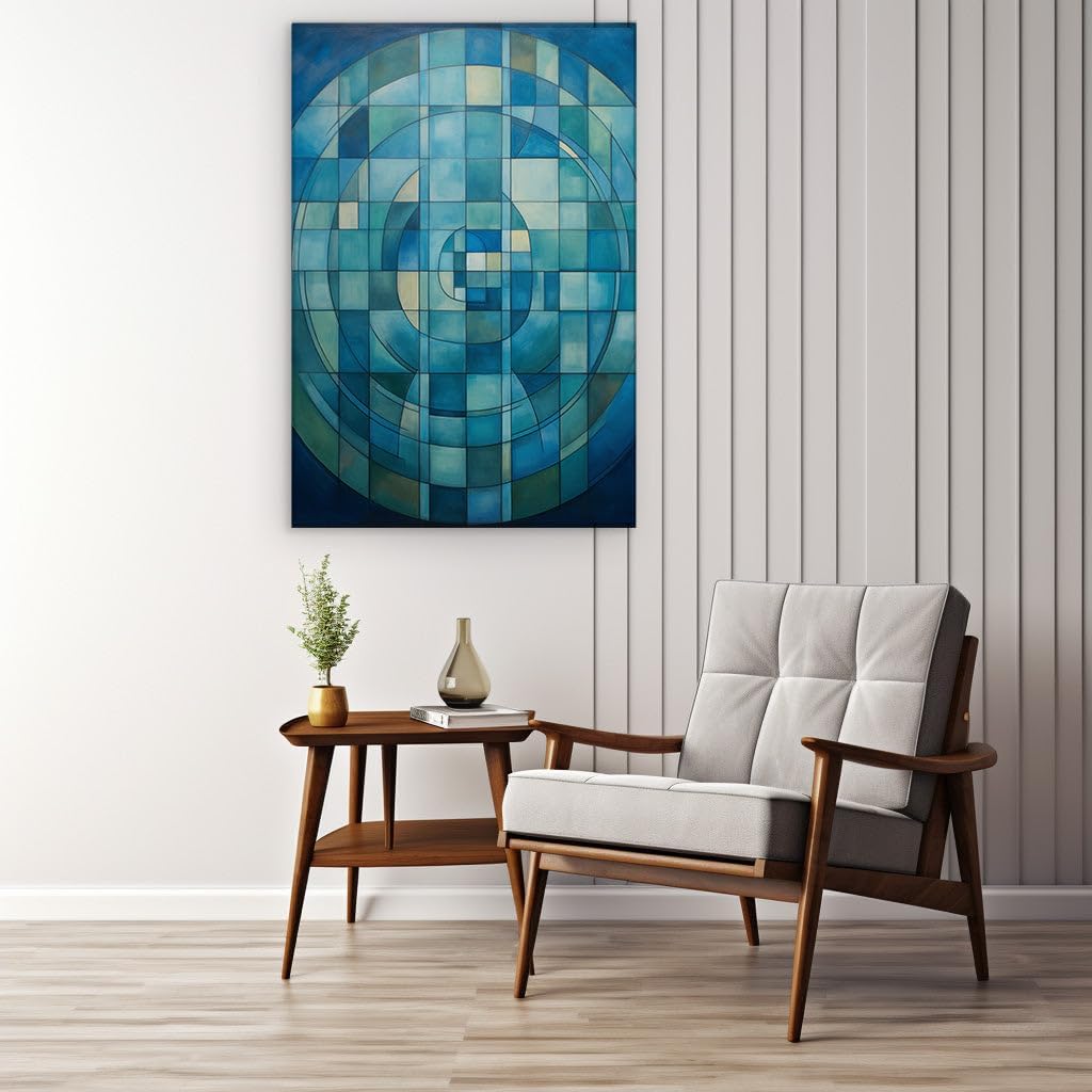 Canvas for Living Room. Dancing Squares in Blue: The Depth of Abstract Motion, 27 x 18 inch Canvas Wall Art - Ready to Hang