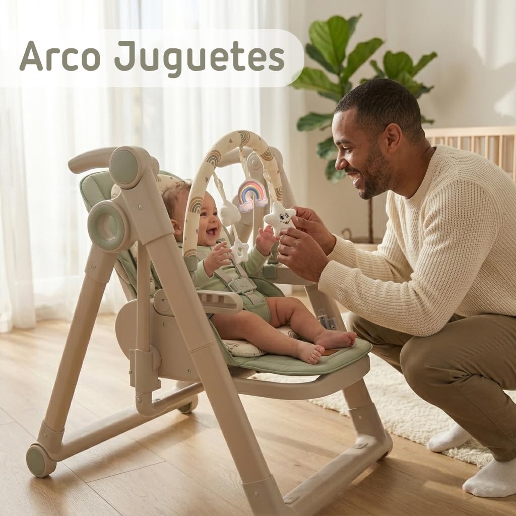 Twinly Movity Plus Trona Evolutiva Bebé 2 en 1 con Hamaca Balancín, Verde | Plegable, Ruedas con Bloqueo, Altura Ajustable, Arnés de 5 Puntos, Hasta 15 kg