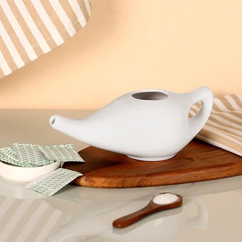 Miniatura 3 de Ceramic Neti Pot Premium hecho a mano, limpiador de nariz para Sinus apto para lavavajillas con 2 puntas de boquilla de silicona, capacidad de 7.6