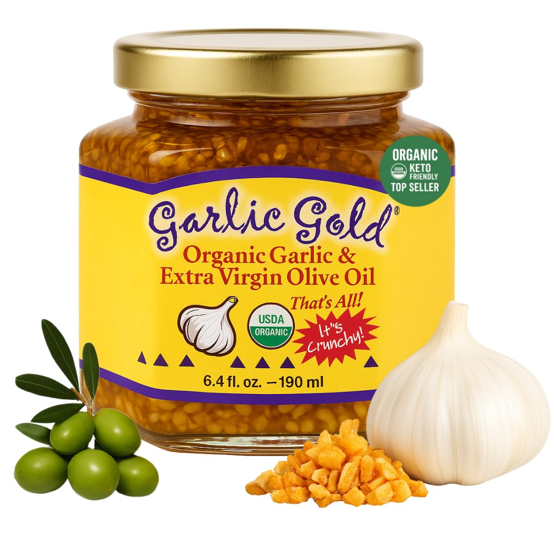 Garlic Gold Organic Toasted Garlic Granules in Extra Virgin Olive Oil, Crunchy Garlic in Olive Oil, Glass Jar 6.4 ozUSDA Organic