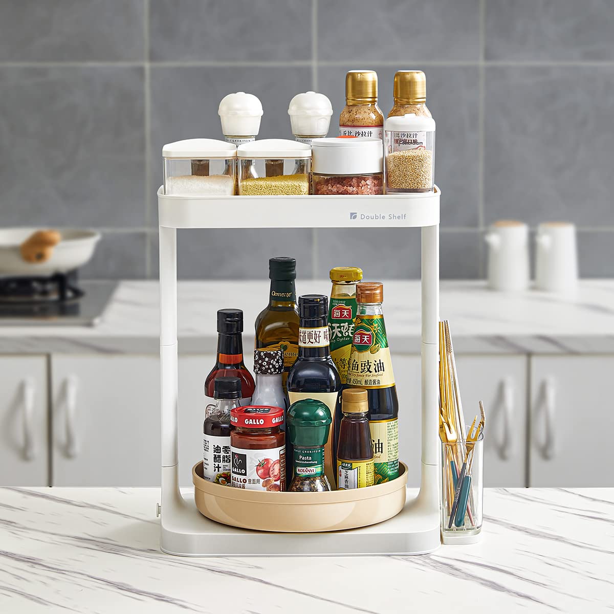 Amazon.co.jp: VTEERY(みさ) 回転式トレー付き 2段収納ラック 調味料