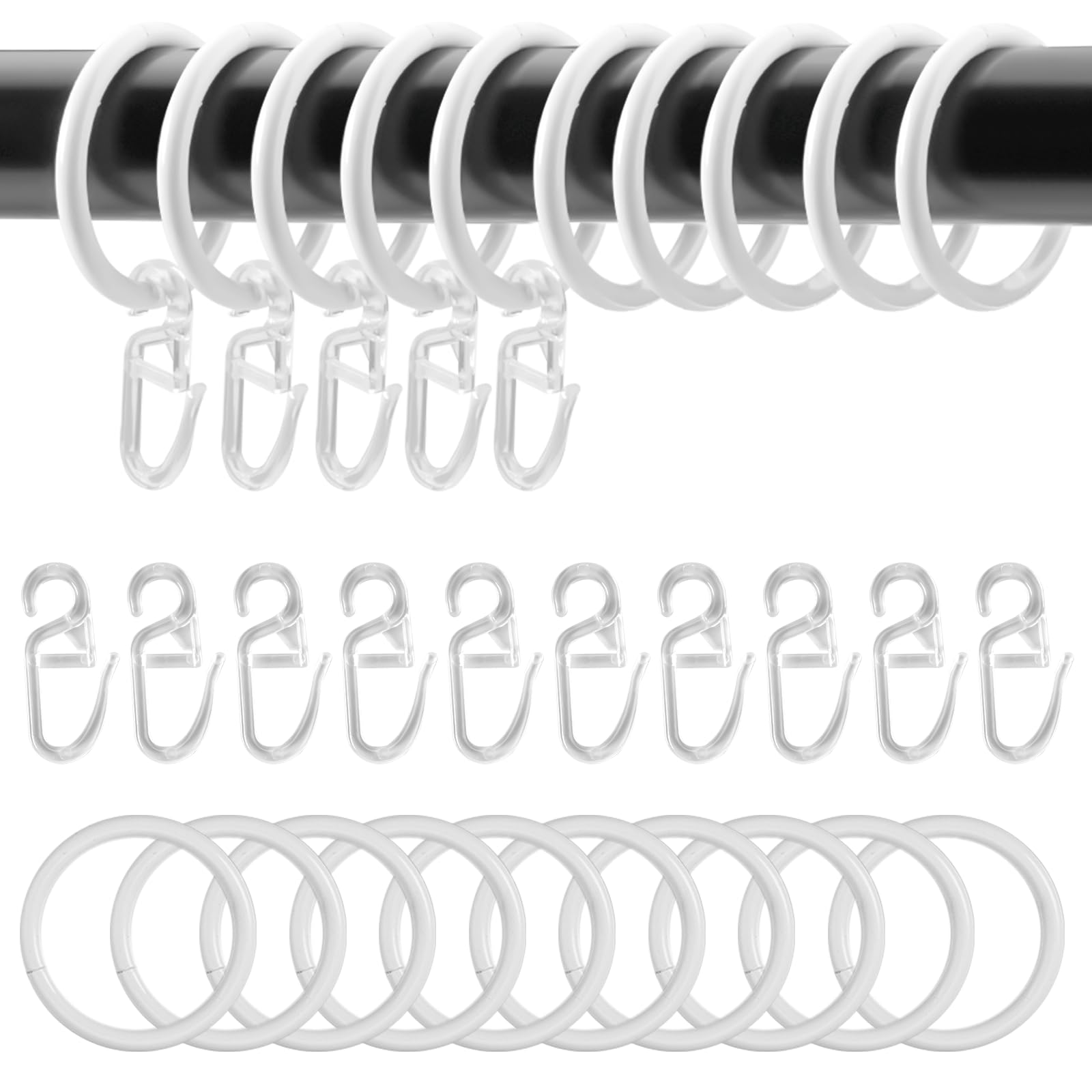 Set Da 50 Anelli In Metallo E Ganci In Plastica Per Tende - Diametro Interno 27 Mm, Antirumore, Nero - 2