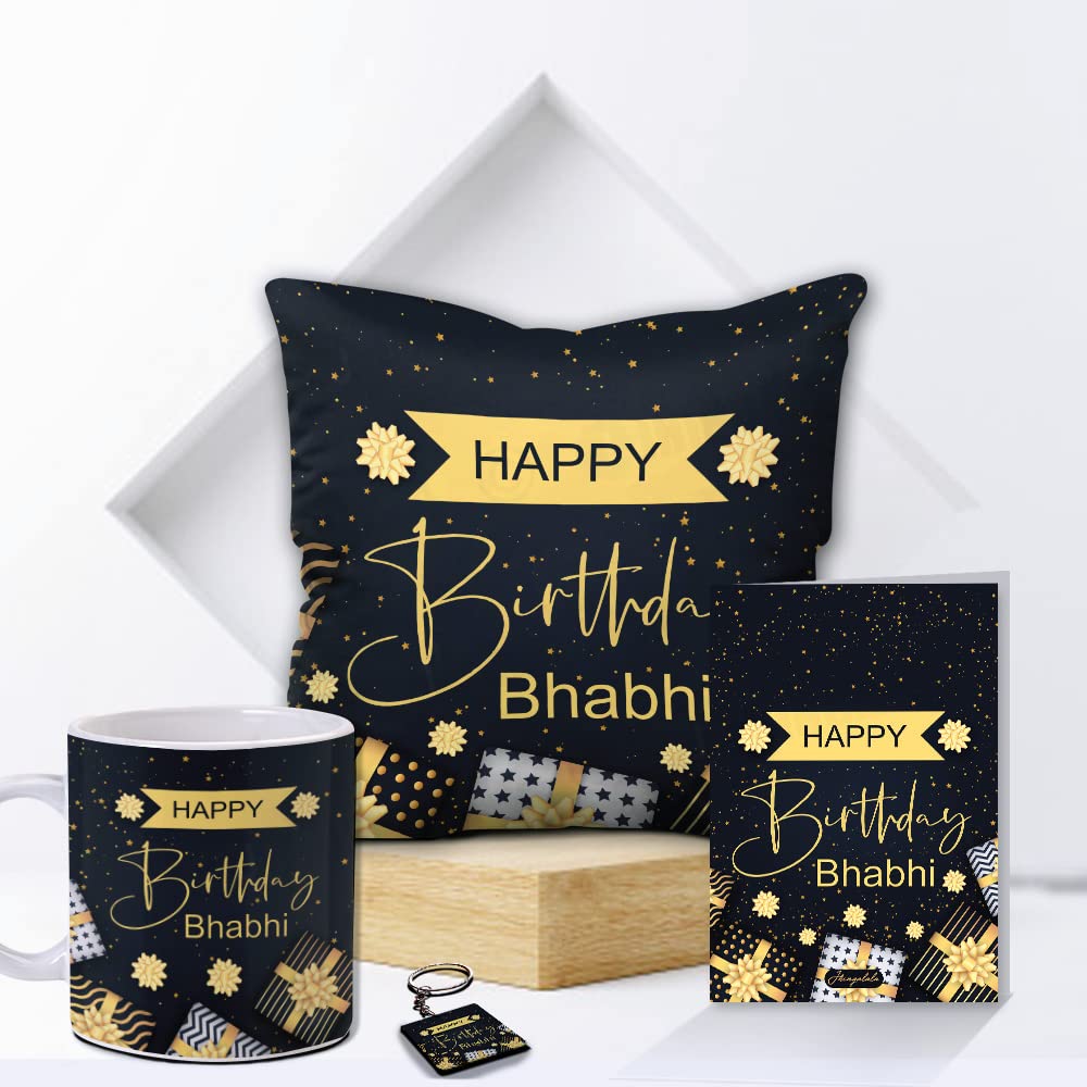 Jhingalala Birthday Gifts | Happy Birthday Bhabhi Printed Cushion, Filler, Mug, Key Chain, Greeting Card | Combo Gifts for Sister in Law on Birthday (55116)-image-24